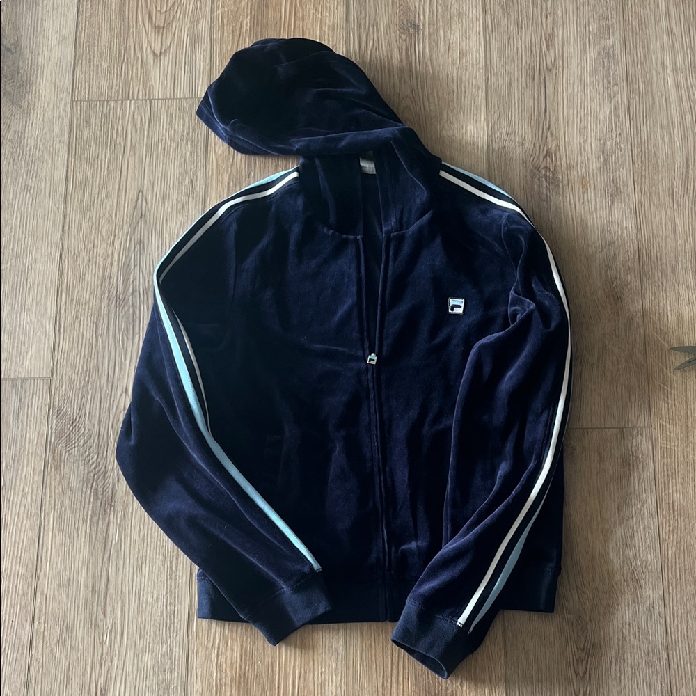 Fila Navy Velour Zip Up Hoodie with White Accents